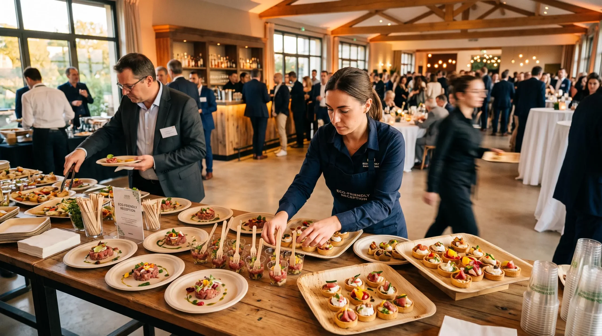 Buffet de cocktail professionnel dressé avec vaisselle jetable écologique lors d'un événement corporate