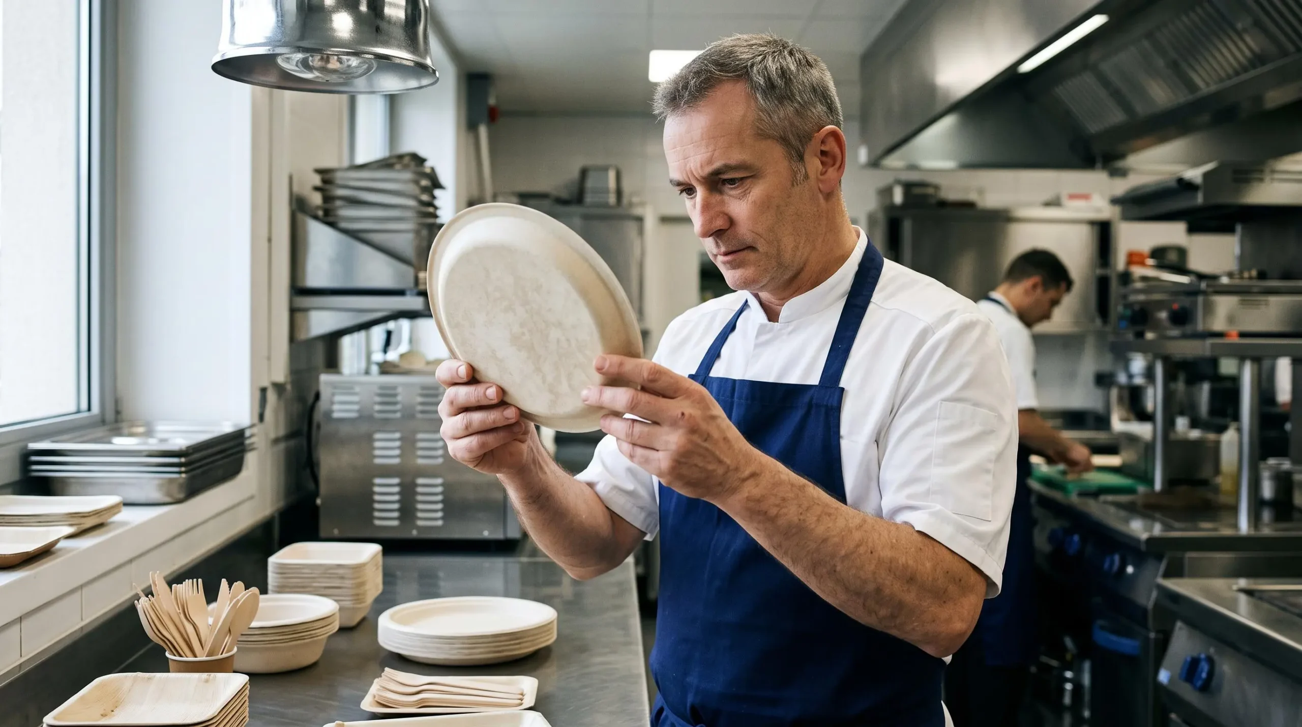 Professionnel inspectant la qualité et l'épaisseur d'une assiette en bagasse dans une cuisine de restauration collective