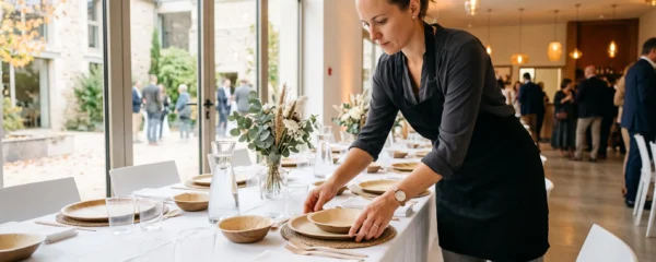 Professionnel de la restauration disposant de la vaisselle jetable écologique sur une table de réception pour événement corporate
