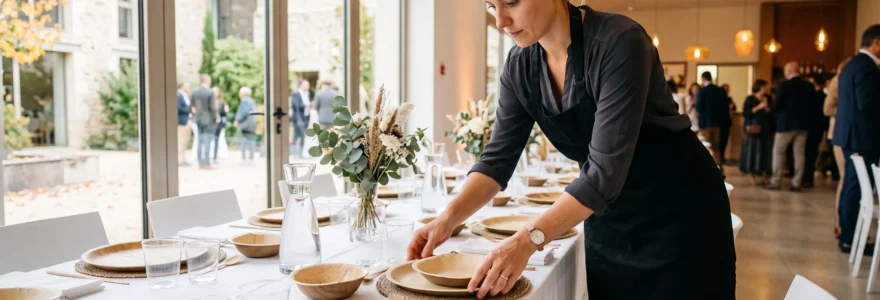 Professionnel de la restauration disposant de la vaisselle jetable écologique sur une table de réception pour événement corporate